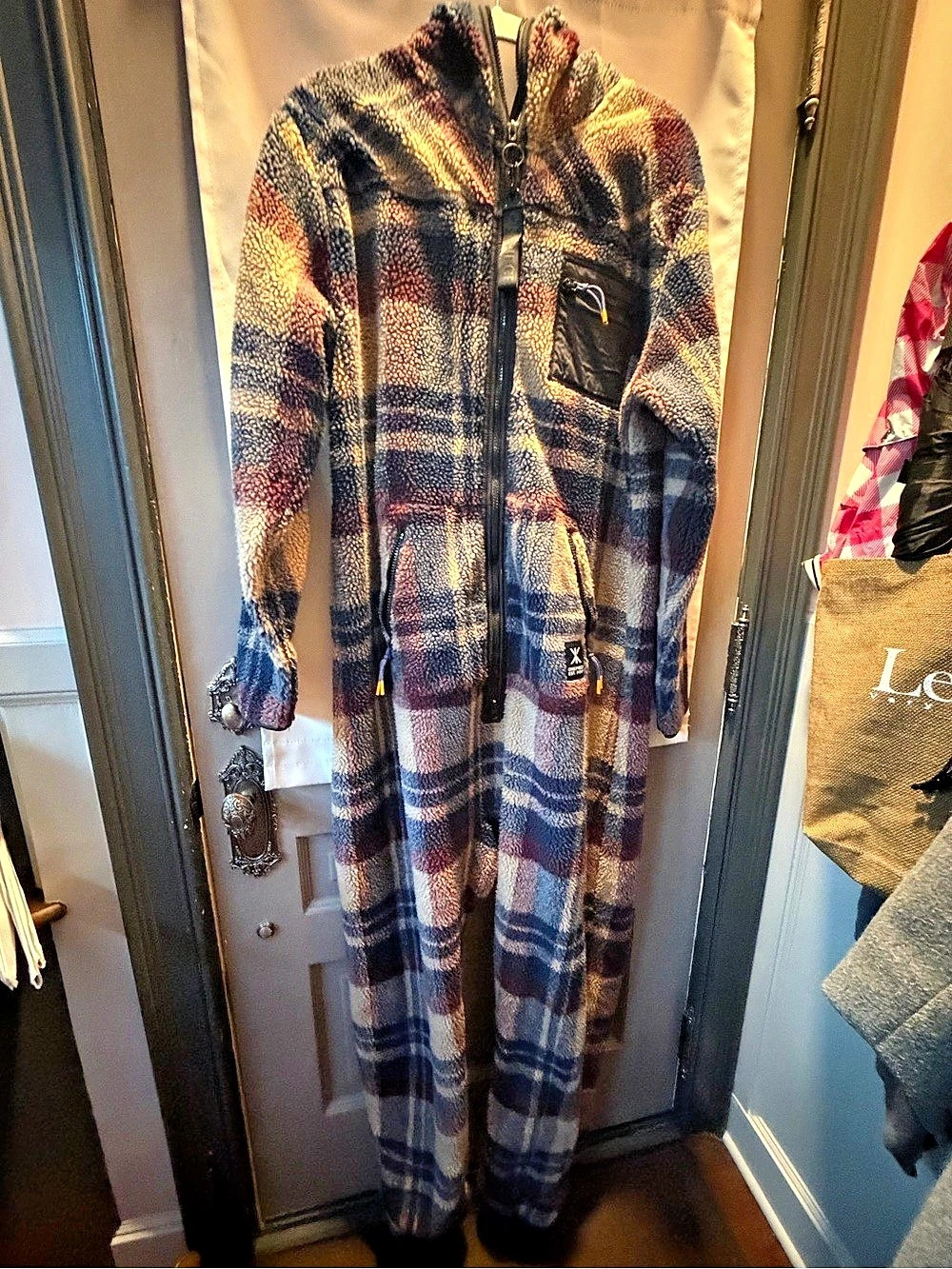 Onepiece Checkered Fleece Jumpsuit Plaid Blue & Red